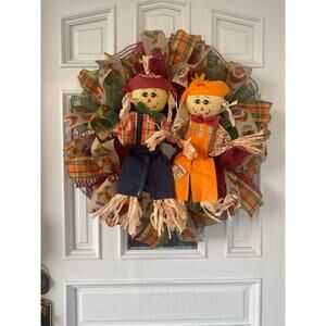Fall Scarecrow Wreath – Harvest Couple Door Decor – Handmade Autumn Wreath